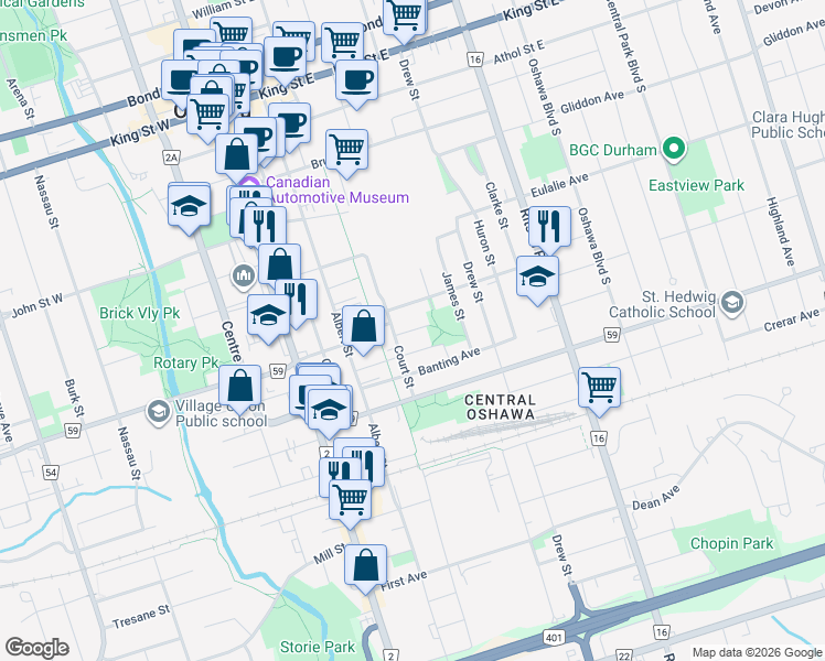 map of restaurants, bars, coffee shops, grocery stores, and more near Summer Street in Oshawa