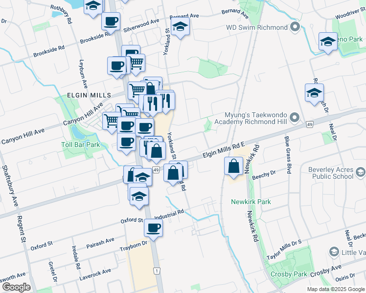 map of restaurants, bars, coffee shops, grocery stores, and more near in Richmond Hill
