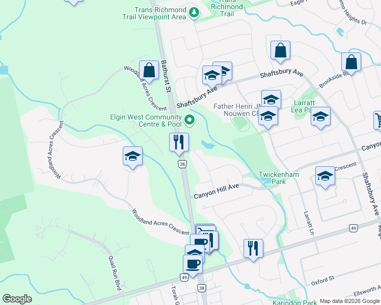 map of restaurants, bars, coffee shops, grocery stores, and more near 58 Abilene Court in Richmond Hill