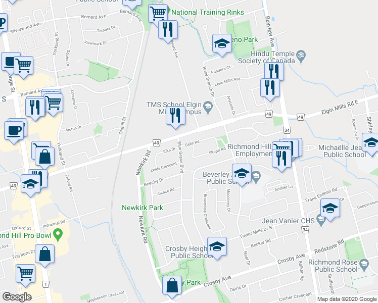 map of restaurants, bars, coffee shops, grocery stores, and more near 290 Skopit Road in Richmond Hill