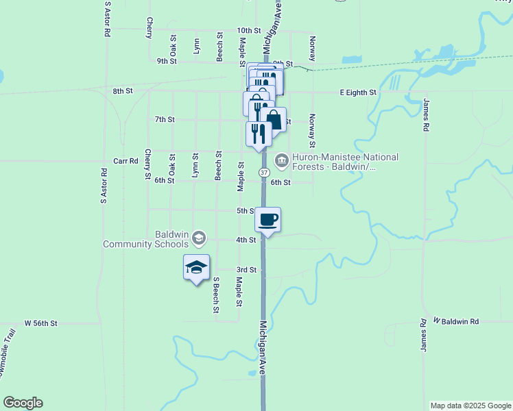 map of restaurants, bars, coffee shops, grocery stores, and more near 513 Michigan Avenue in Baldwin