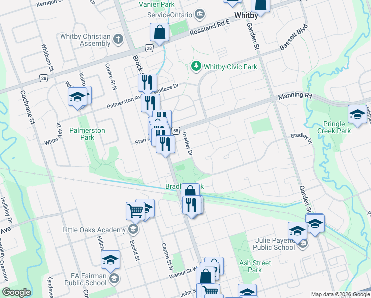map of restaurants, bars, coffee shops, grocery stores, and more near 518 Bradley Drive in Whitby