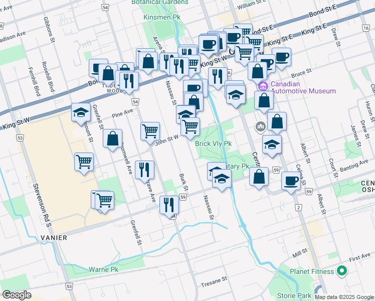 map of restaurants, bars, coffee shops, grocery stores, and more near 168 Nassau Street in Oshawa