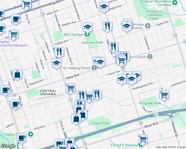 map of restaurants, bars, coffee shops, grocery stores, and more near 396 Mitchell Avenue in Oshawa