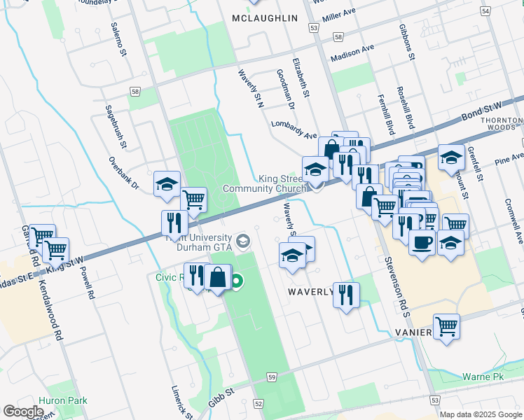 map of restaurants, bars, coffee shops, grocery stores, and more near 703 King Street West in Oshawa