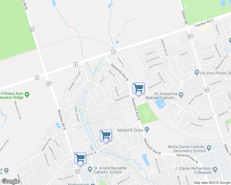 map of restaurants, bars, coffee shops, grocery stores, and more near 1 Cragg Crescent in Ajax