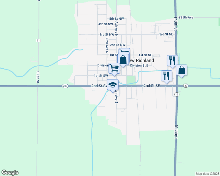 map of restaurants, bars, coffee shops, grocery stores, and more near 13 2nd Street Southwest in New Richland