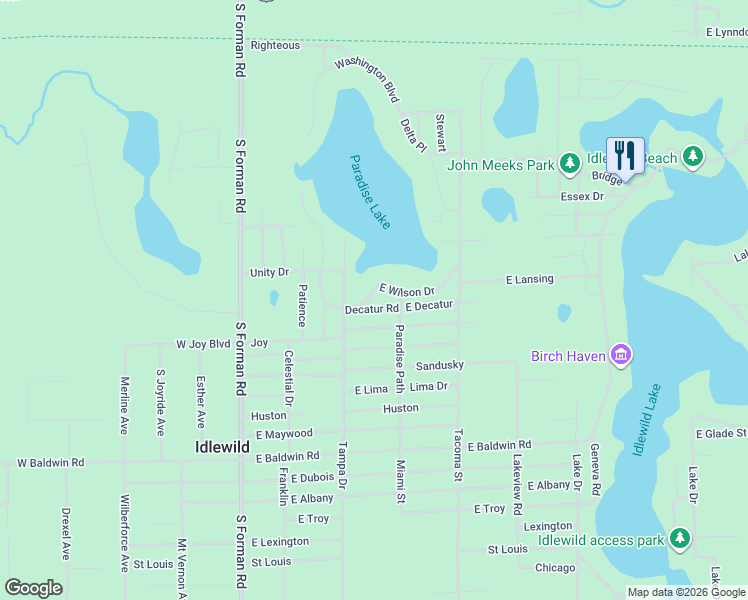 map of restaurants, bars, coffee shops, grocery stores, and more near 6583 Paradise Path in Idlewild