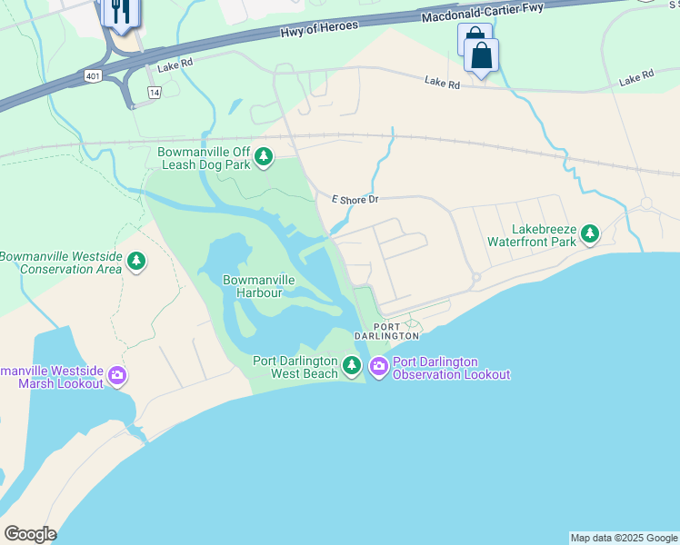 map of restaurants, bars, coffee shops, grocery stores, and more near 120 Port Darlington Road in Bowmanville