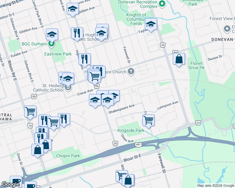 map of restaurants, bars, coffee shops, grocery stores, and more near 606 Chaucer Avenue in Oshawa