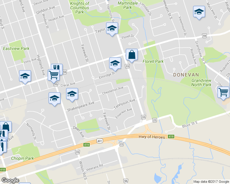map of restaurants, bars, coffee shops, grocery stores, and more near 465 Milton Street in Oshawa