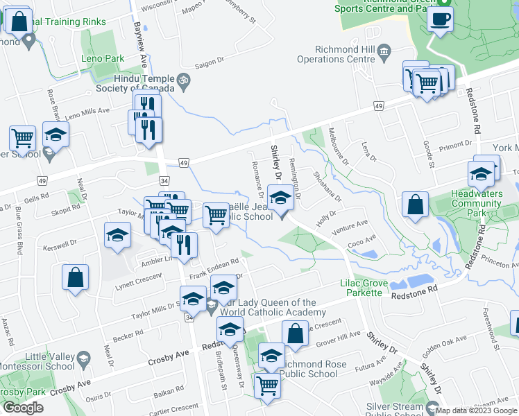 map of restaurants, bars, coffee shops, grocery stores, and more near 28 Romance Drive in Richmond Hill