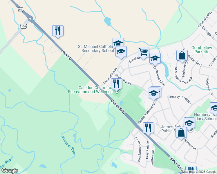 map of restaurants, bars, coffee shops, grocery stores, and more near 31 Alderbrook Place in Caledon