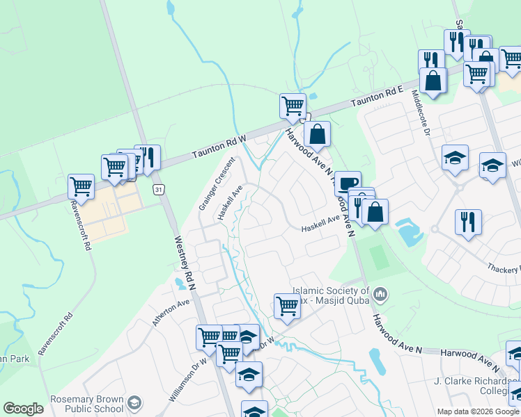 map of restaurants, bars, coffee shops, grocery stores, and more near 7 Shorten Place in Ajax