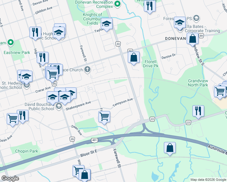 map of restaurants, bars, coffee shops, grocery stores, and more near 465 Milton Street in Oshawa