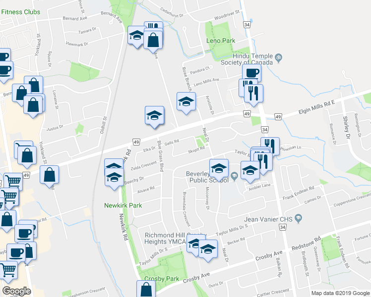 map of restaurants, bars, coffee shops, grocery stores, and more near 317 Skopit Road in Richmond Hill