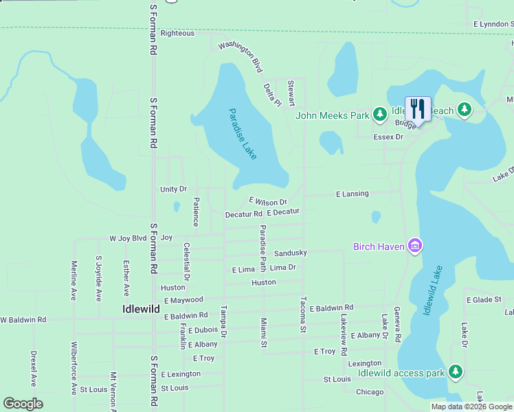map of restaurants, bars, coffee shops, grocery stores, and more near 6583 Paradise Path in Idlewild