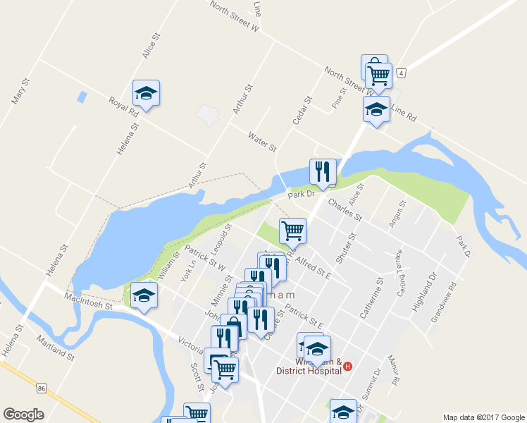map of restaurants, bars, coffee shops, grocery stores, and more near 414 Minnie Street in Wingham