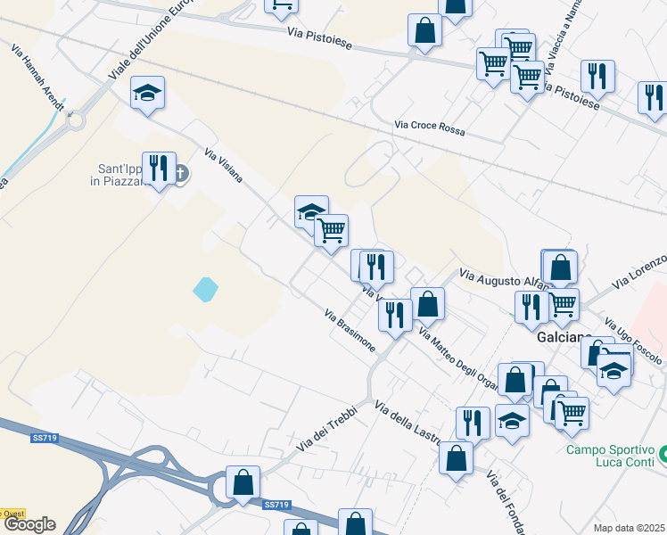 map of restaurants, bars, coffee shops, grocery stores, and more near 91 Via Visiana in Prato