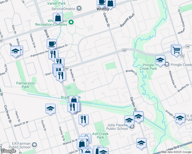 map of restaurants, bars, coffee shops, grocery stores, and more near 4 Bettley Court in Whitby