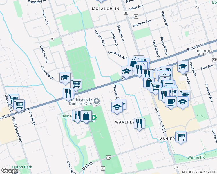 map of restaurants, bars, coffee shops, grocery stores, and more near 703 King Street West in Oshawa