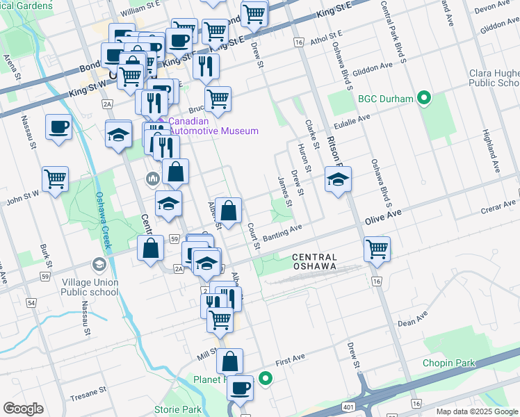 map of restaurants, bars, coffee shops, grocery stores, and more near 128 Summer Street in Oshawa