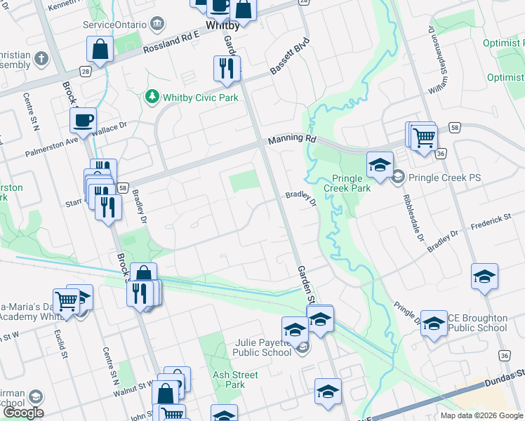 map of restaurants, bars, coffee shops, grocery stores, and more near 4 Broughton Court in Whitby