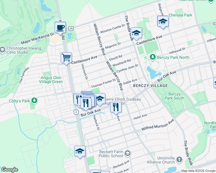map of restaurants, bars, coffee shops, grocery stores, and more near 74 Gable Avenue in Markham