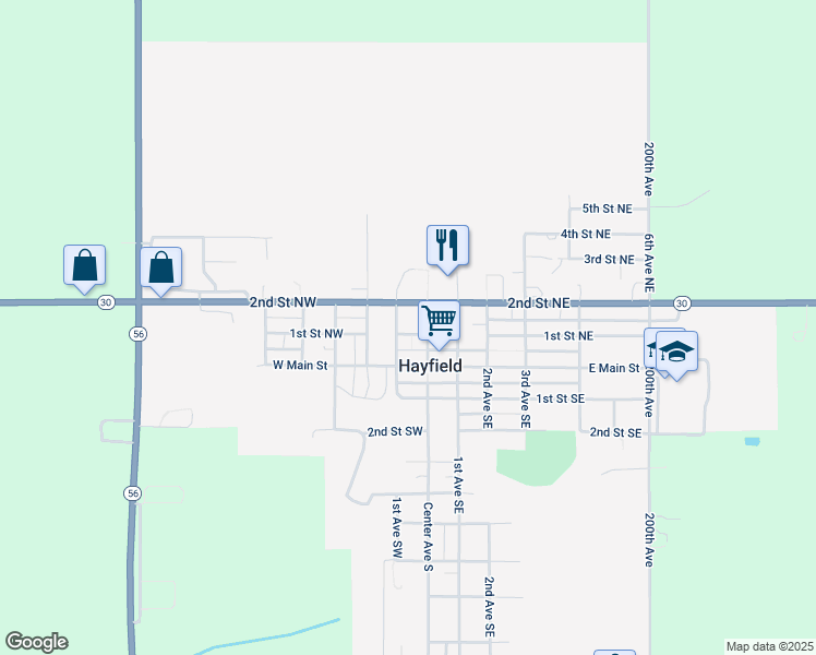 map of restaurants, bars, coffee shops, grocery stores, and more near 10 1st Street Northwest in Hayfield
