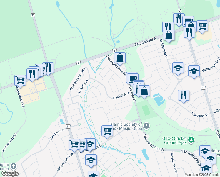 map of restaurants, bars, coffee shops, grocery stores, and more near 20 Cragg Crescent in Ajax