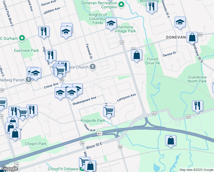 map of restaurants, bars, coffee shops, grocery stores, and more near 702 Chesterton Avenue in Oshawa