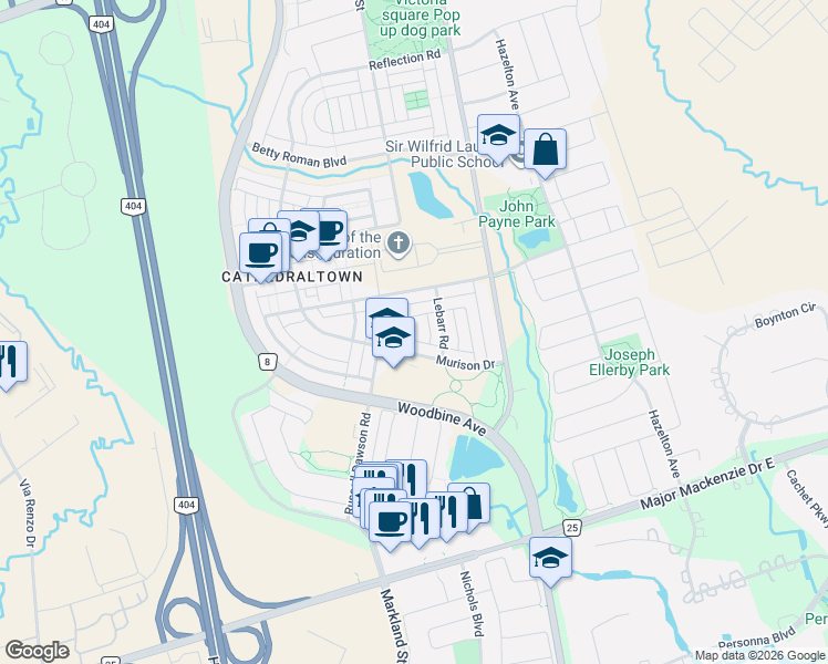 map of restaurants, bars, coffee shops, grocery stores, and more near 7 Bembridge Drive in Markham