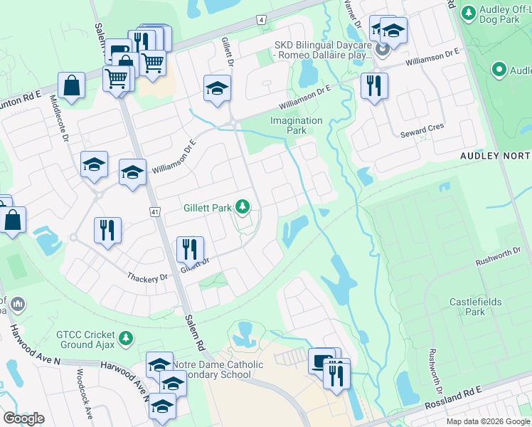 map of restaurants, bars, coffee shops, grocery stores, and more near 77 Gillett Drive in Ajax
