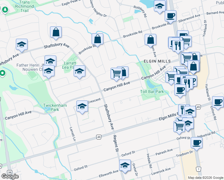 map of restaurants, bars, coffee shops, grocery stores, and more near in Richmond Hill