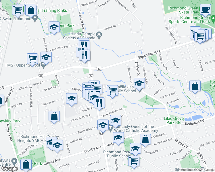 map of restaurants, bars, coffee shops, grocery stores, and more near 29 Plowman Lane in Richmond Hill