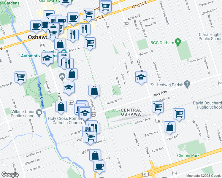 map of restaurants, bars, coffee shops, grocery stores, and more near 138 Summer Street in Oshawa