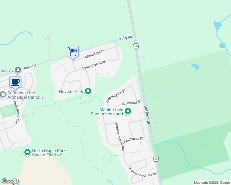 map of restaurants, bars, coffee shops, grocery stores, and more near 77 Kootenay Ridge in Vaughan