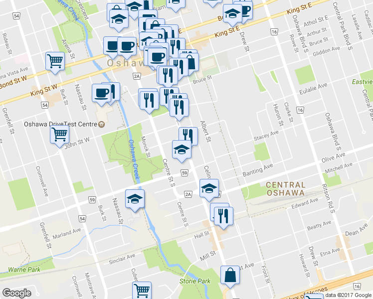 map of restaurants, bars, coffee shops, grocery stores, and more near 228 Simcoe Street South in Oshawa