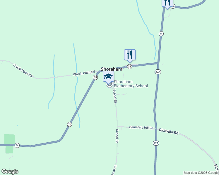 map of restaurants, bars, coffee shops, grocery stores, and more near 130 School Rd in Shoreham