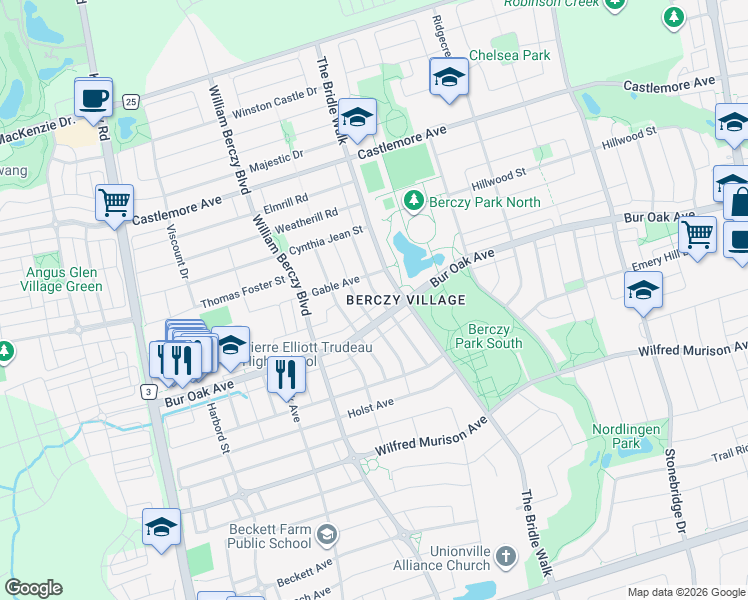map of restaurants, bars, coffee shops, grocery stores, and more near 58 Russell Hill Road in Markham