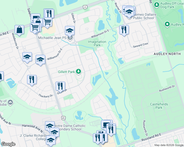 map of restaurants, bars, coffee shops, grocery stores, and more near 3 Hearson Street in Ajax