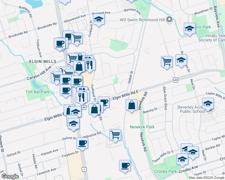 map of restaurants, bars, coffee shops, grocery stores, and more near 11 Newmill Crescent in Richmond Hill