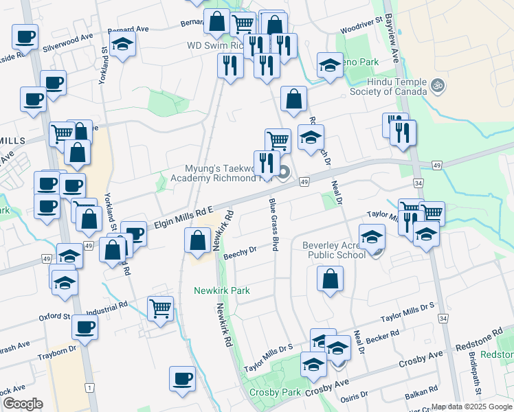 map of restaurants, bars, coffee shops, grocery stores, and more near 253 Elka Drive in Richmond Hill