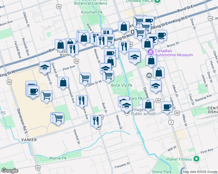 map of restaurants, bars, coffee shops, grocery stores, and more near 163 Nassau Street in Oshawa