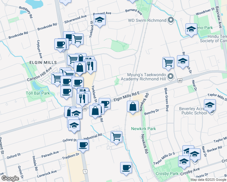 map of restaurants, bars, coffee shops, grocery stores, and more near 11 Newmill Crescent in Richmond Hill
