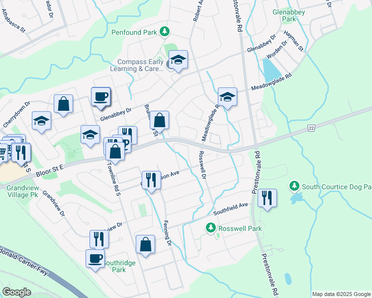 map of restaurants, bars, coffee shops, grocery stores, and more near in Courtice