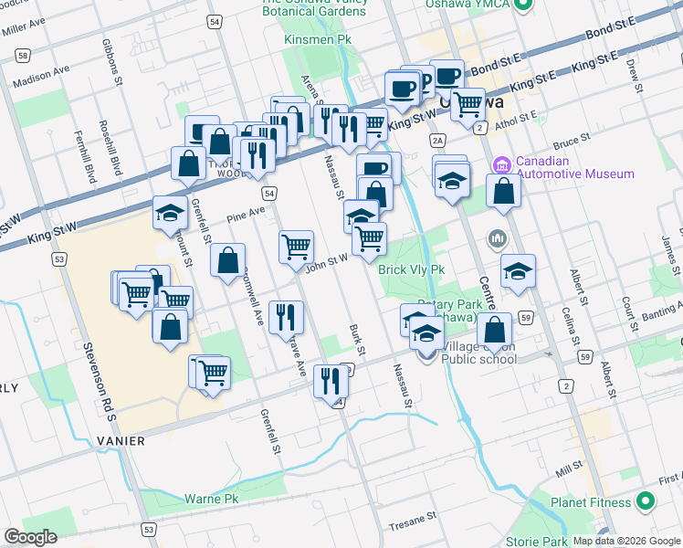 map of restaurants, bars, coffee shops, grocery stores, and more near 151 Burk Street in Oshawa