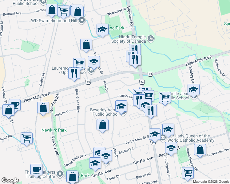map of restaurants, bars, coffee shops, grocery stores, and more near 382 Allgood Street in Richmond Hill