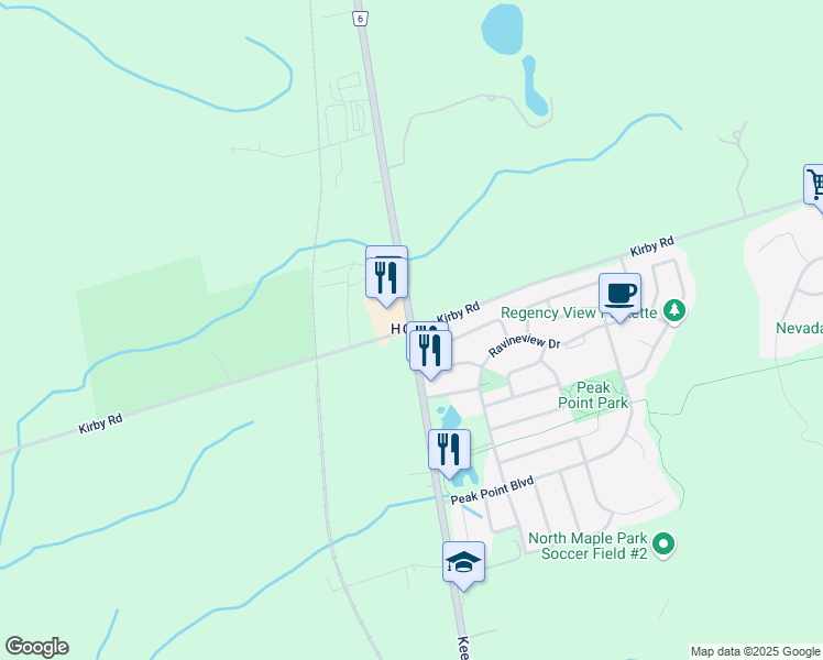 map of restaurants, bars, coffee shops, grocery stores, and more near Keele St & Kirby Rd in Vaughan