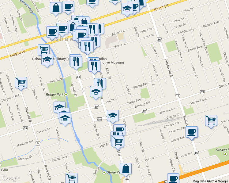 map of restaurants, bars, coffee shops, grocery stores, and more near 238 Albert St in Oshawa